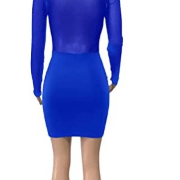 New Mesh High Neck Sleeve Sexy Blue Dress - Picture 3 of 4